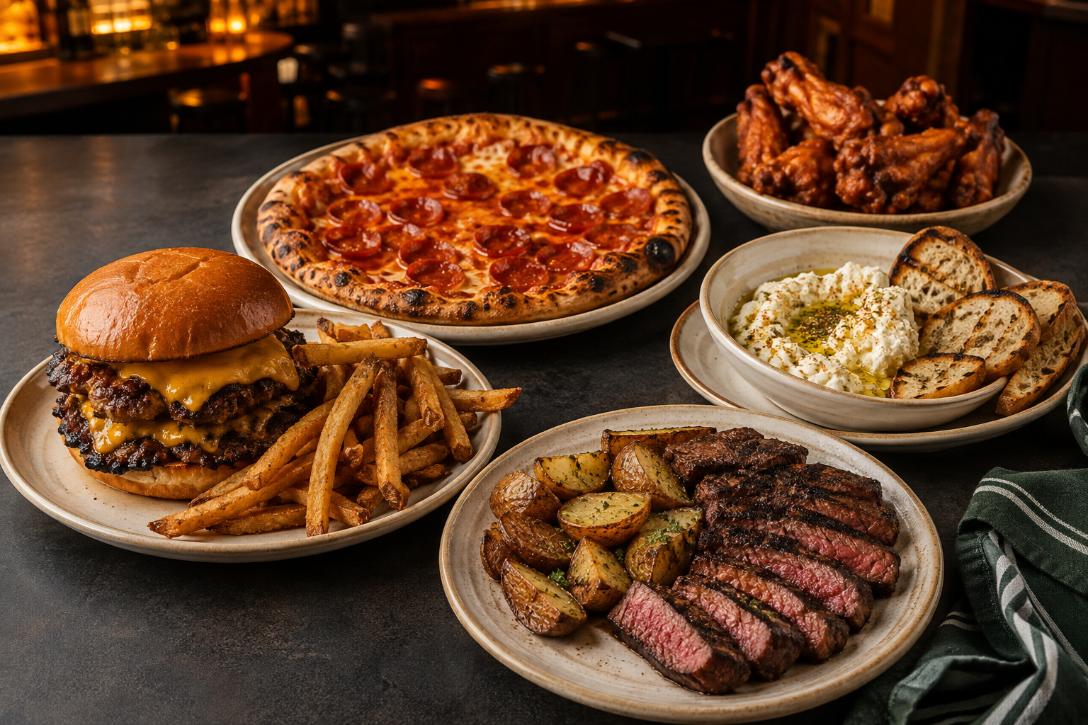 A tavern spread with a smashburger, wings, pizza, whipped feta, and flat iron steak